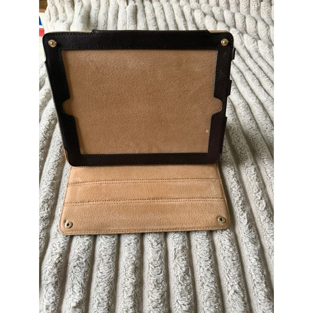 Tory Burch Leopard Print iPad Case Saffiano Leather Tech Accessory Tan Brown‎